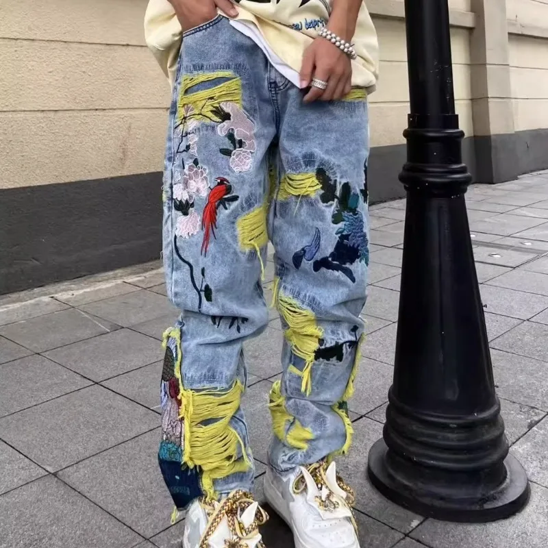 Street Fashion In Japanese - American Vintage Hip-hop Embroidery Dilapidated Jeans