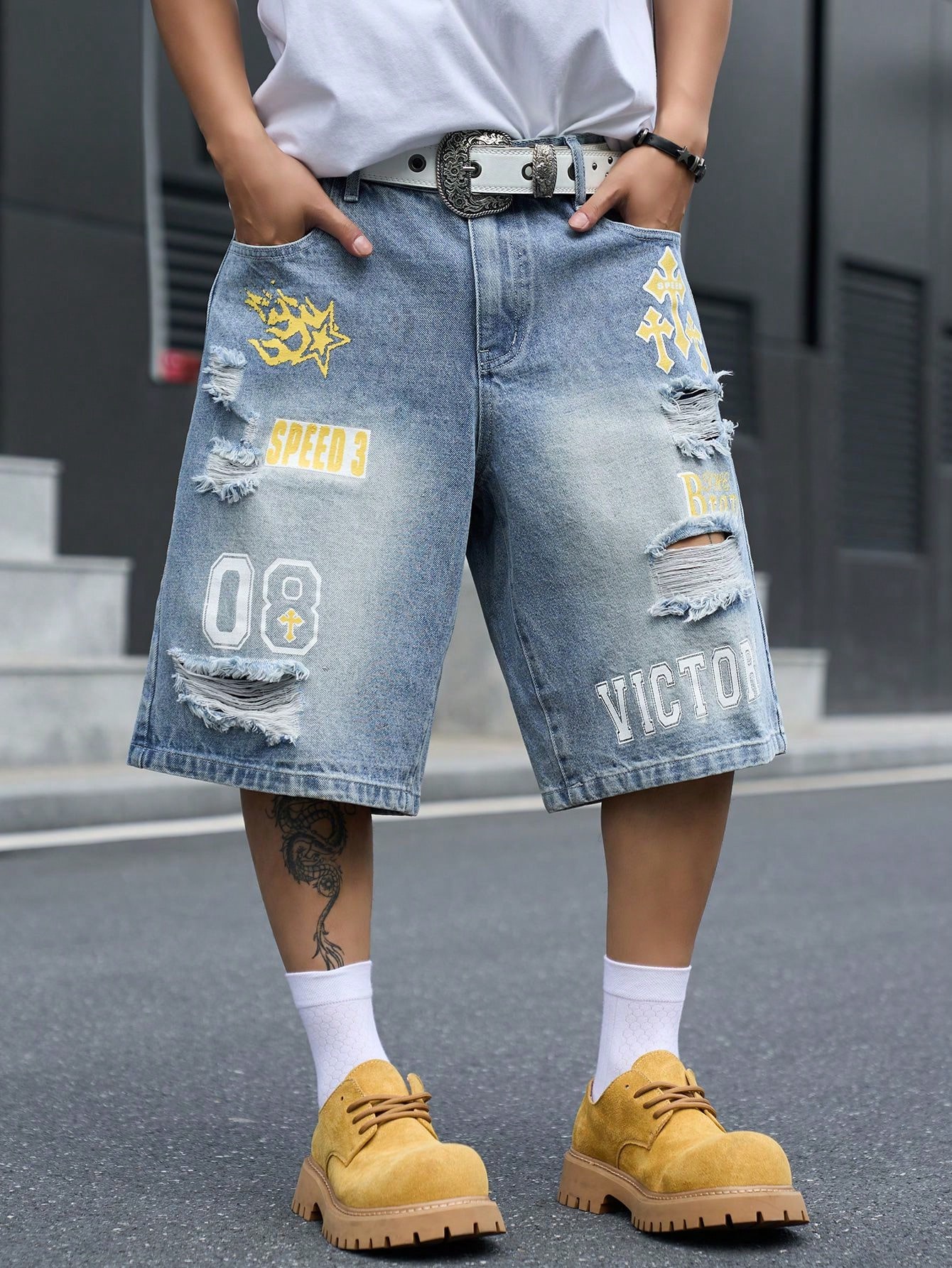 Street Fashion Dance - Men's Loose Fit Denim Bermuda Shorts,